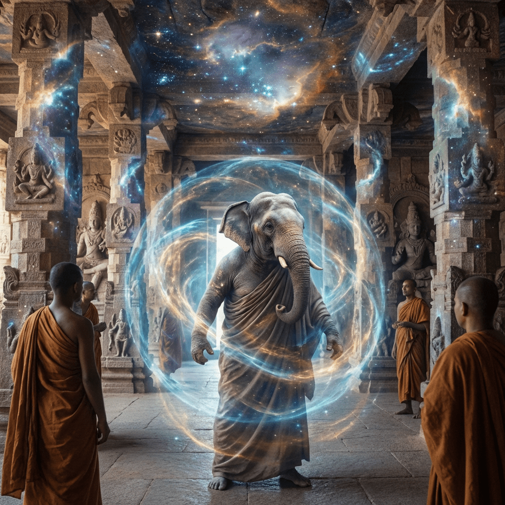 Anthropomorphic elephant in robes surrounded by cosmic energy inside a temple with watching monks.