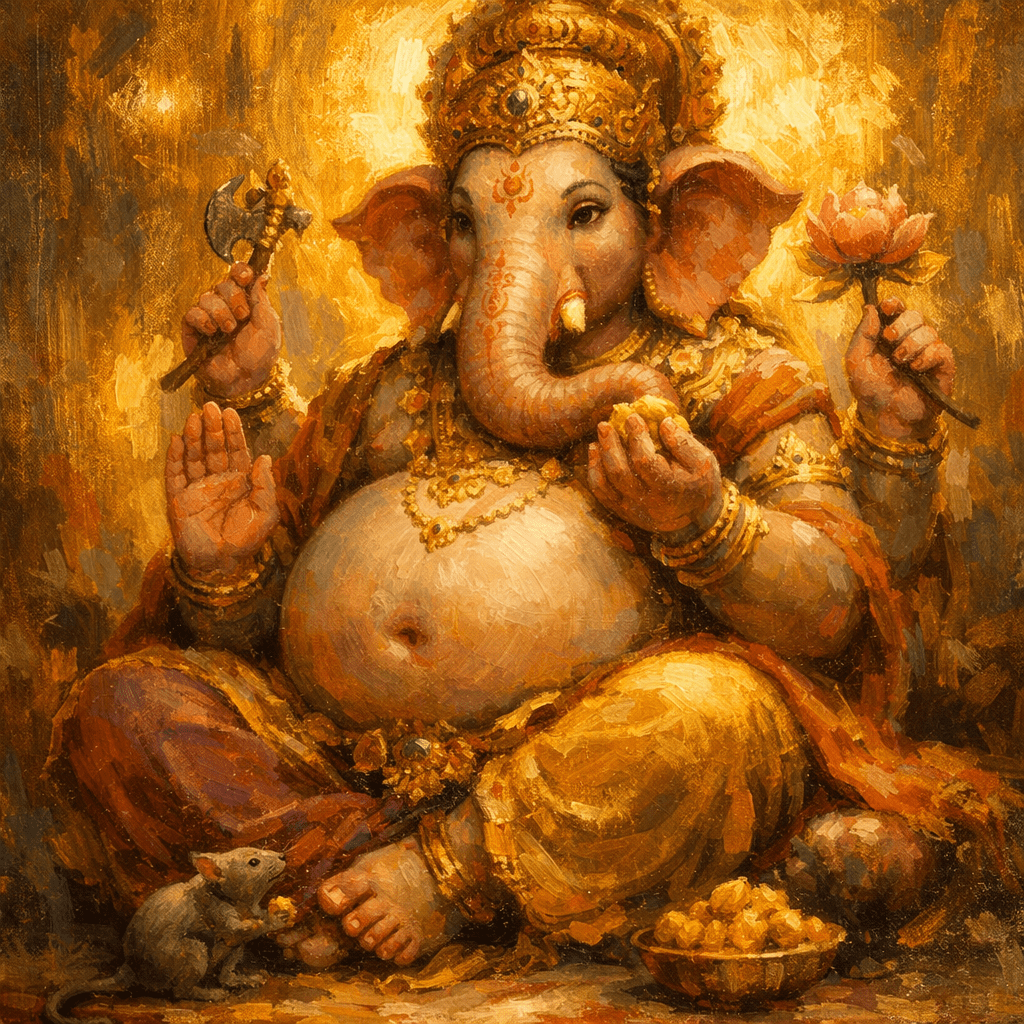 Ganesha with elephant head holding axe and lotus, seated with a bowl of sweets and a small mouse nearby