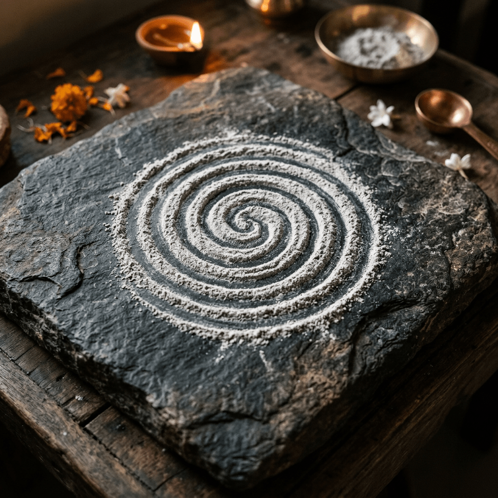 White sand spiral pattern on dark stone slab with flower petals, lit candle, and metallic bowls in background