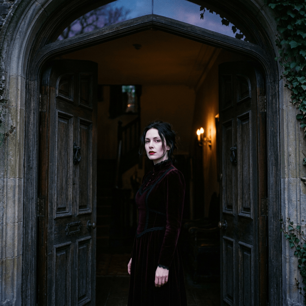 Woman wearing a dark velvet dress standing in an open gothic wooden doorway