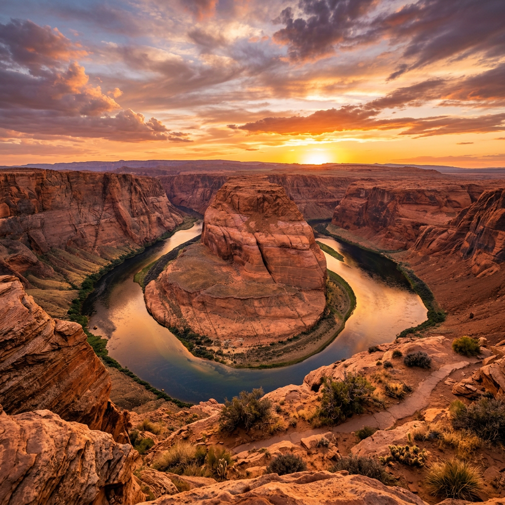 Curving Colorado River around Horseshoe Bend with cliffs and sunset sky