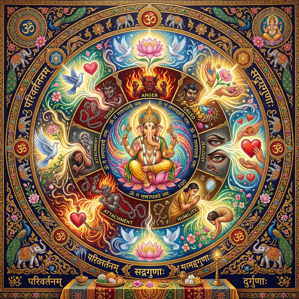 Mandala with Ganesha in center surrounded by emotions like anger, greed, jealousy, attachment, and humility