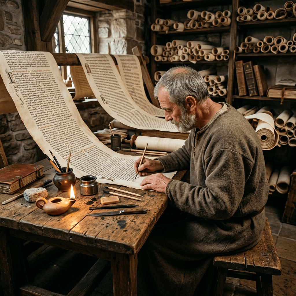 Elderly man writing on parchment scroll in a medieval scriptorium with shelves of scrolls and books.