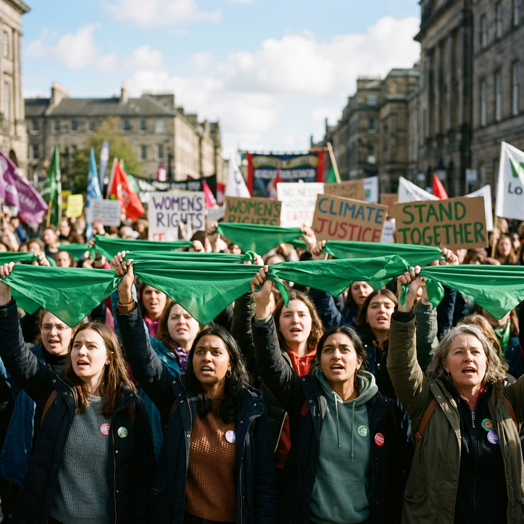 Group of protesters holding green scarves and signs with messages like women's rights, climate justice, and stand together