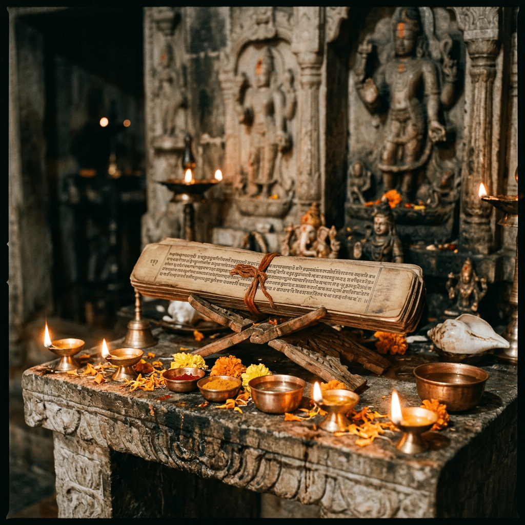 Ancient Hindu scriptures on wooden stand surrounded by lit oil lamps, copper bowls, flowers, and religious statues.
