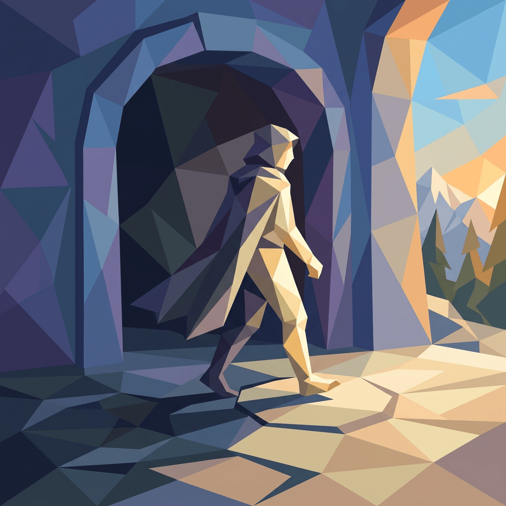 Cloaked person walking from dark cave to sunlit mountains