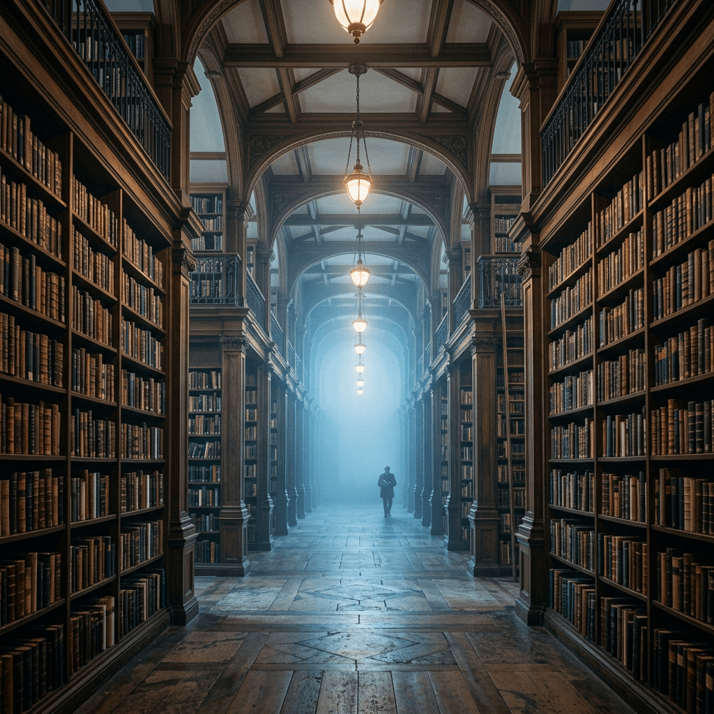 Long corridor in a historic library with tall wooden bookshelves and a person walking