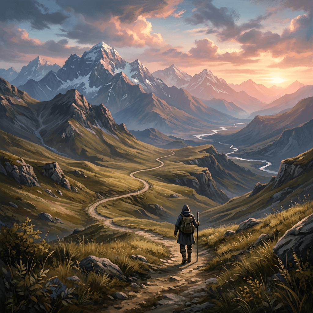 Person with backpack and walking stick descending a mountain trail toward distant snow-capped peaks and river