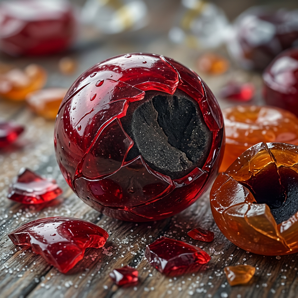 Shattered red and amber transparent candies with black centers on wooden surface