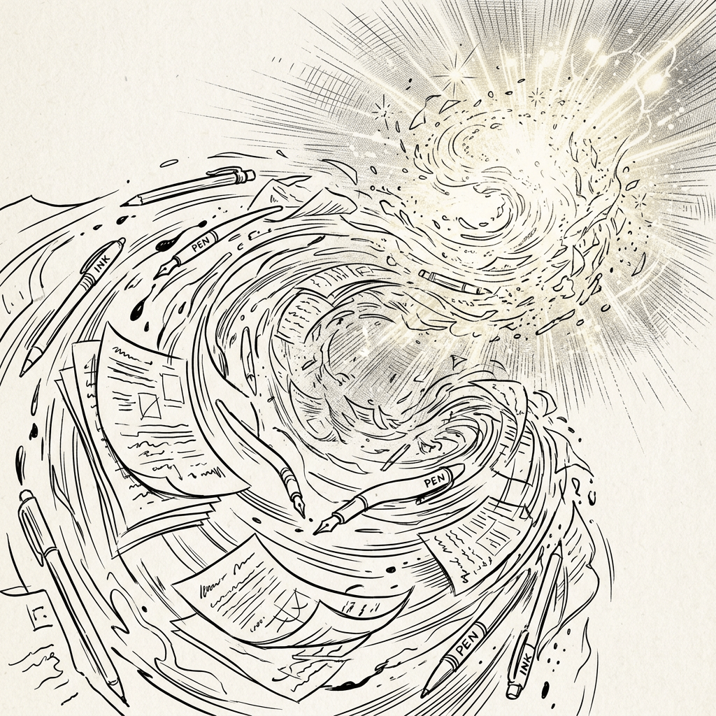 Swirling papers and pens dissolving into light