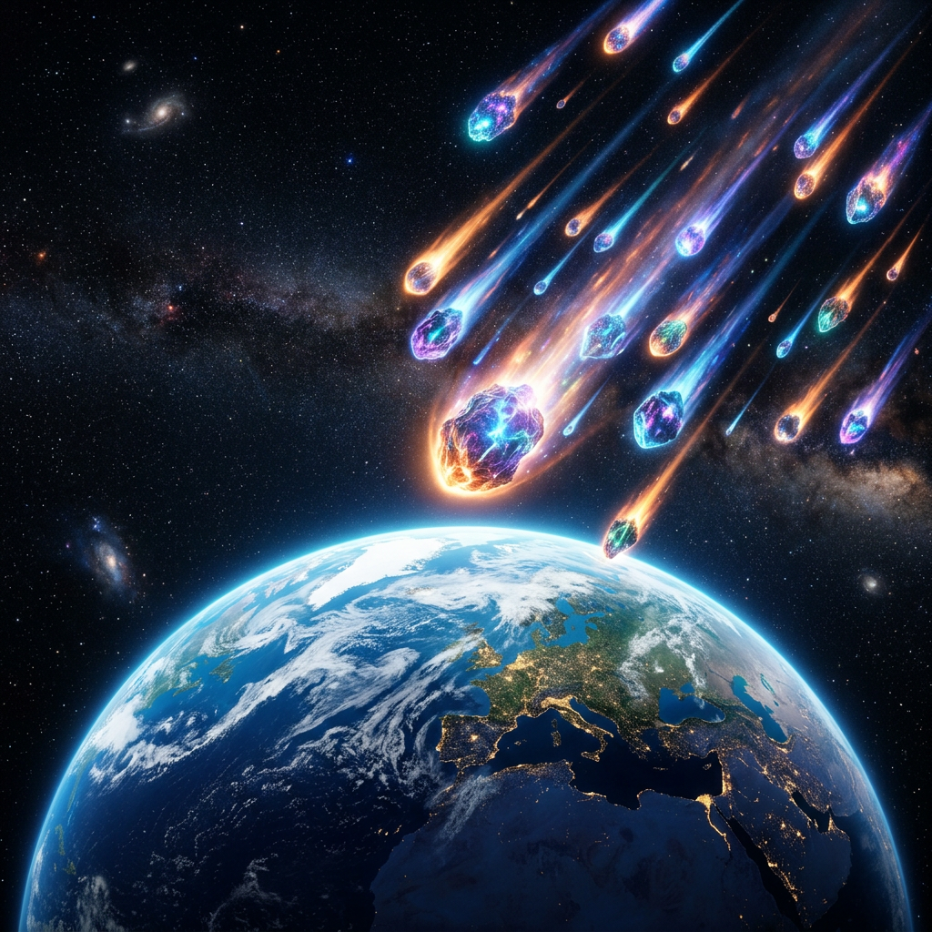 Colorful meteors with glowing trails heading towards Earth over stars and galaxies