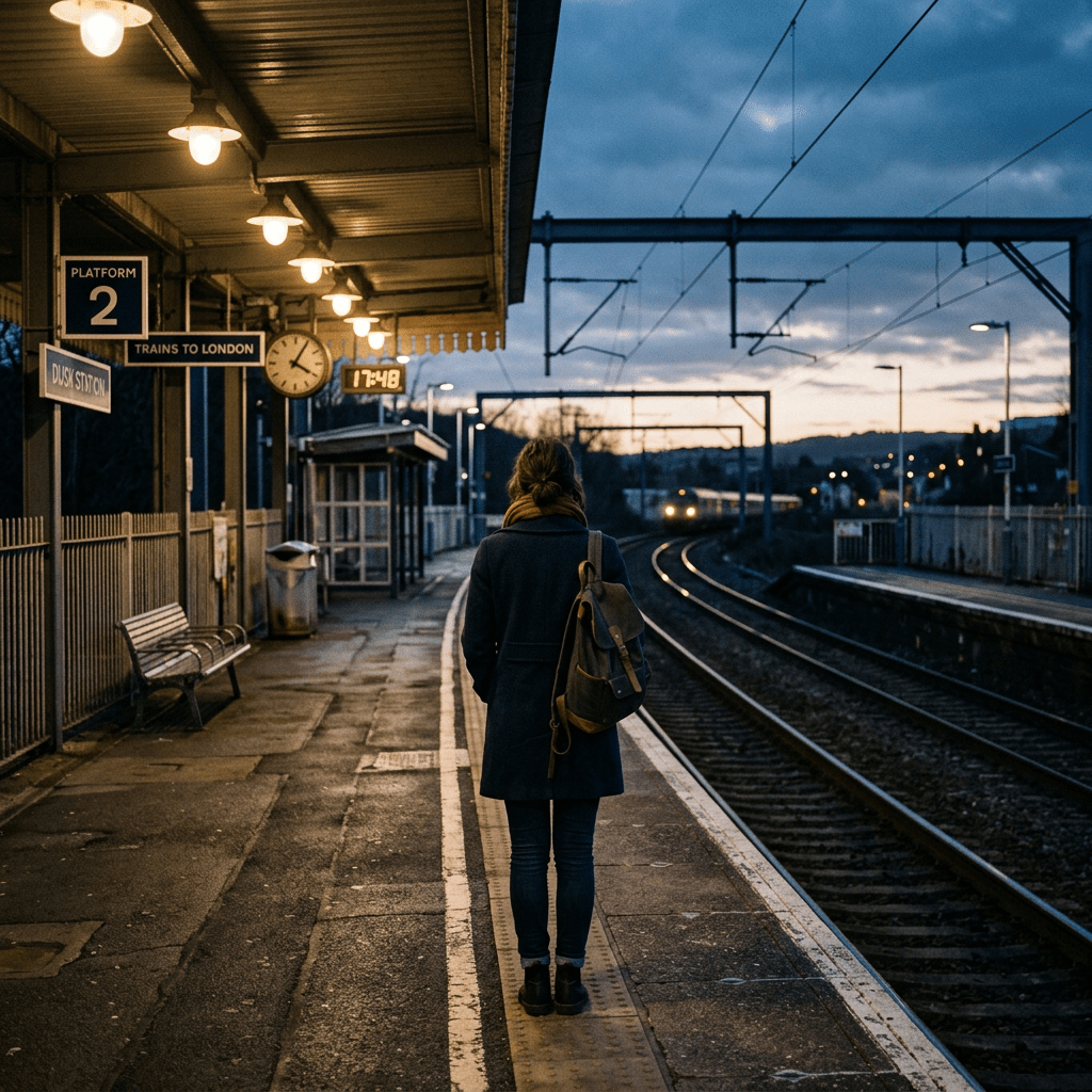Person standing on train platform at dusk facing tracks