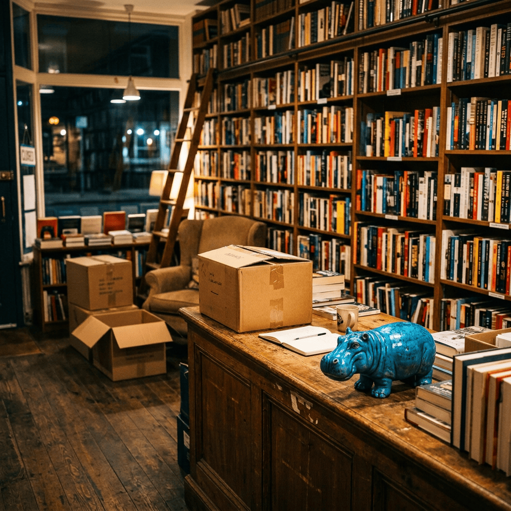 Cozy bookstore with packed boxes, bookshelves, desk, and small hippo figurine
