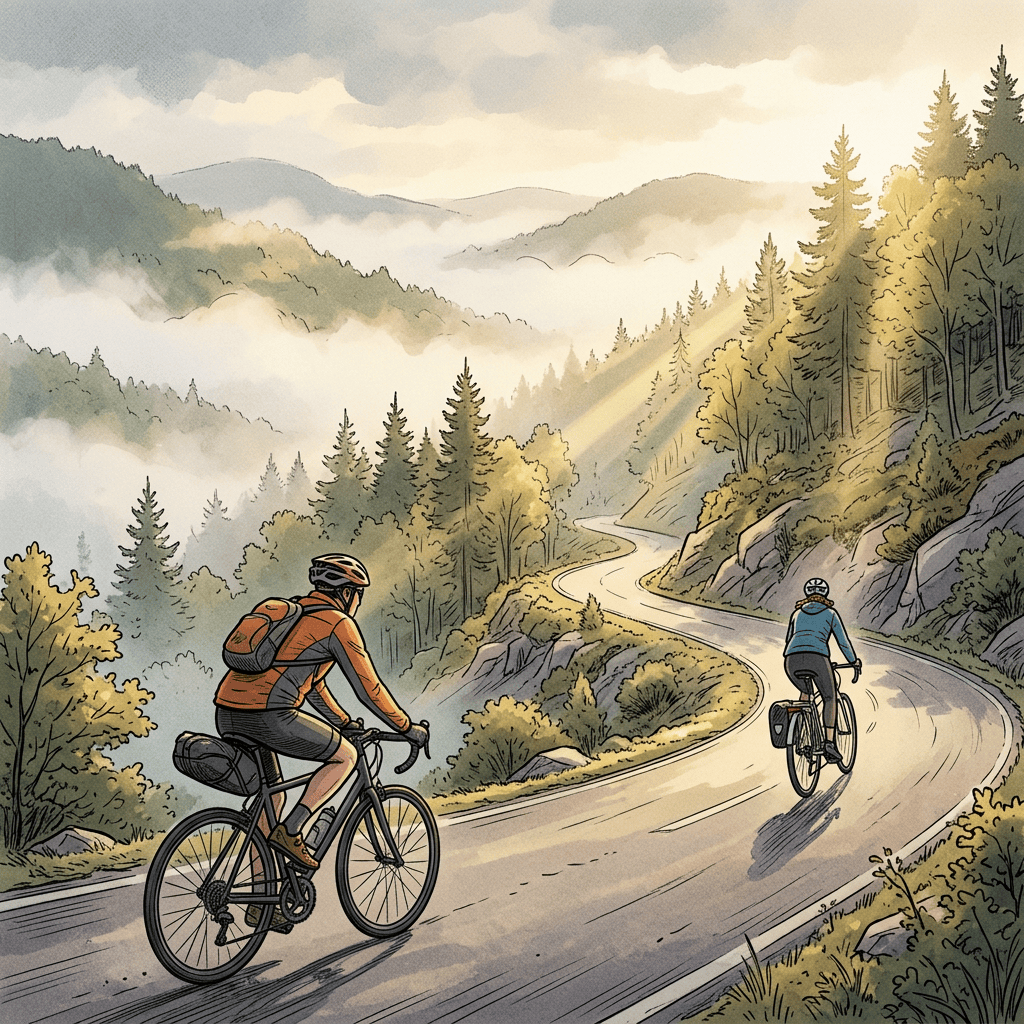 Two cyclists riding along a winding road through a misty mountain forest