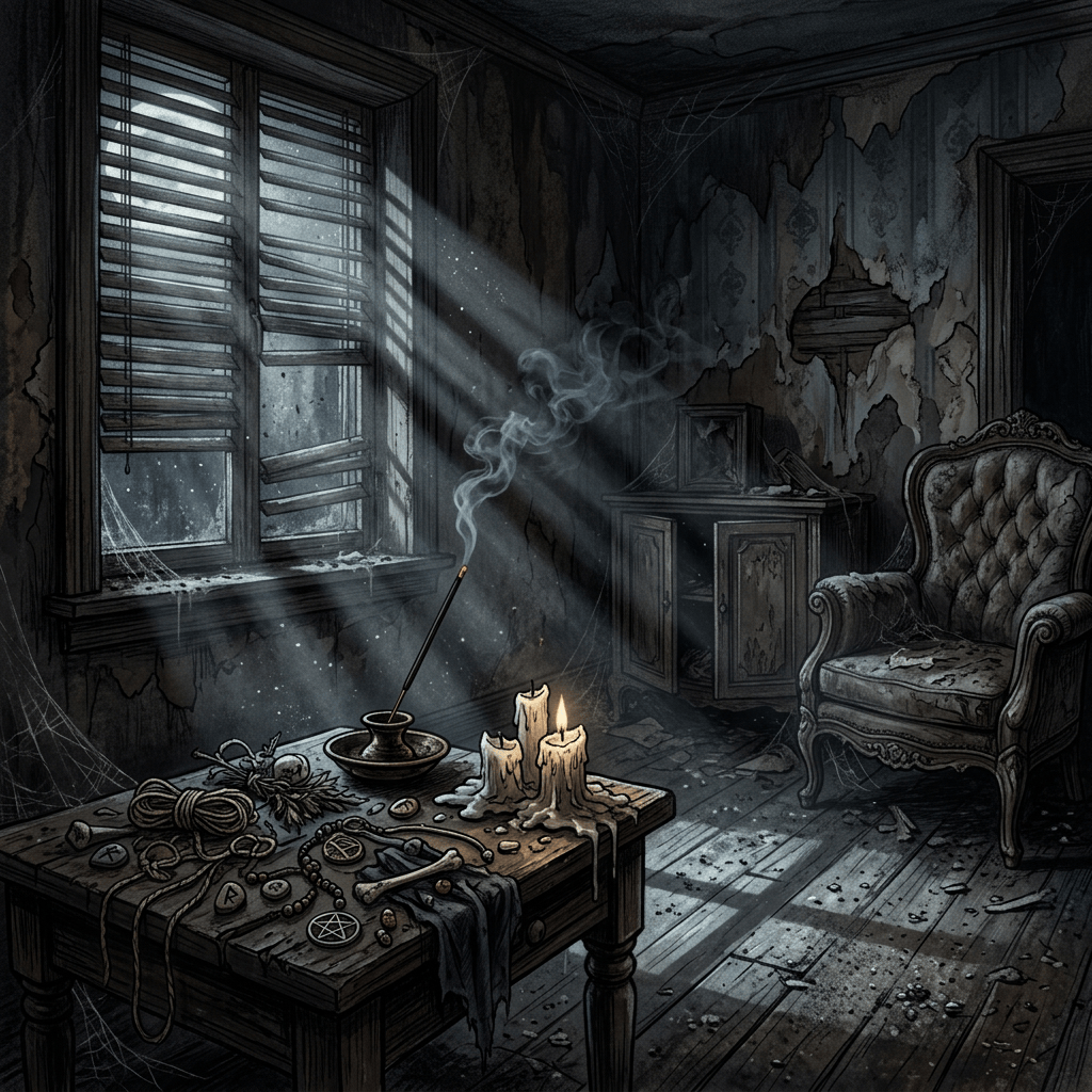 Candlelit occult room with ritual objects, smoke, cobwebs, and moonlight